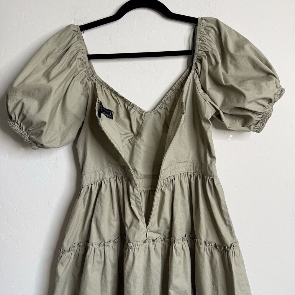 Womens Tiered Babydoll Mini Dress SZ M Sage Green Peasant Milkmaid Cottagecore - Picture 7 of 11